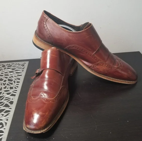 Stacy Adams Karson Wingtip Double Monk Strap Shoes Leather Cognac 12M.